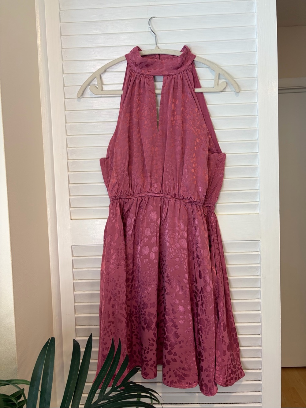 Anthropologie Mauve Pink Jacquard Animal Print Halter Neck Dress Size S